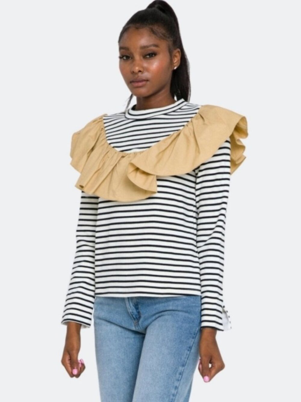 English Factory Black & White Stripe Top with Tan Ruffle S